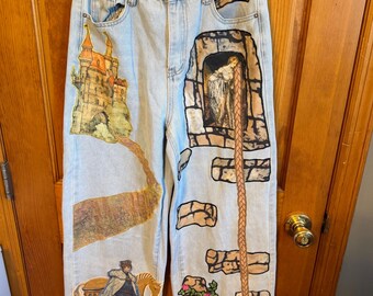 Upcycled Rapunzel Fairytale Jeans – Fabric Appliqué Denim Pants, Castle & Tower Scene, Cottagecore Fantasy Wide Leg Jeans, One of a Kin