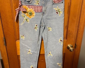 Upcycled Sunflower & Olive Patchwork Jeans | Red Gingham Bow Detail | Cottagecore Cropped Denim | One-of-a-Kind Hand Embellished Jeans