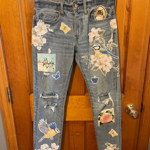 Made to order only I Vintage denim | Skinny Jeans | Flower Vintage jeans | Vintage Denim | Distressed Denim | Birds and Cats