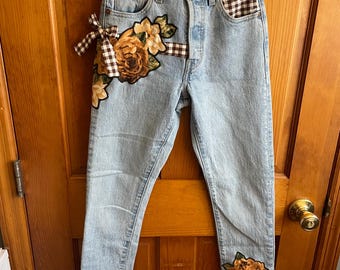 Upcycled Floral Denim Jeans – Brown Gingham Bow Patchwork – Romantic Farmhouse Statement Pants – One of a Kind