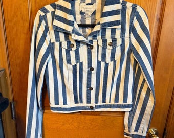 Upcycled Striped Denim Jacket | Blue & White Cropped Jacket with Floral Fabric Appliqué | Boho Statement Jean Jacket