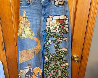 Fairytale Castle Upcycled Jeans | Fantasy Wide Leg Denim | Cottagecore Princess Jeans | Handmade Storybook Patchwork Jeans | One-of-a-Kind W