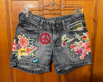 Upcycled Denim Shorts / Peace Sign / Floral Patchwork