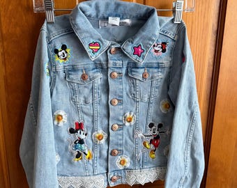 Upcycled Mickey & Minnie Denim Jacket Cottagecore Disney Jean Jacket | Handmade Appliqué Coat | Daisy Patchwork