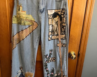 Upcycled Fairytale Denim Jeans | Handcrafted Castle & Knight Scenic Jeans | Cottagecore Fantasy Pants | One-of-a-Kind Artistic Rapunzel