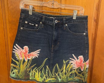 Upcycled Ocean Denim Mini Skirt | Lionfish Dark Wash Skirt | Coastal Wearable Art | One-of-a-Kind Handmade Denim Skirt