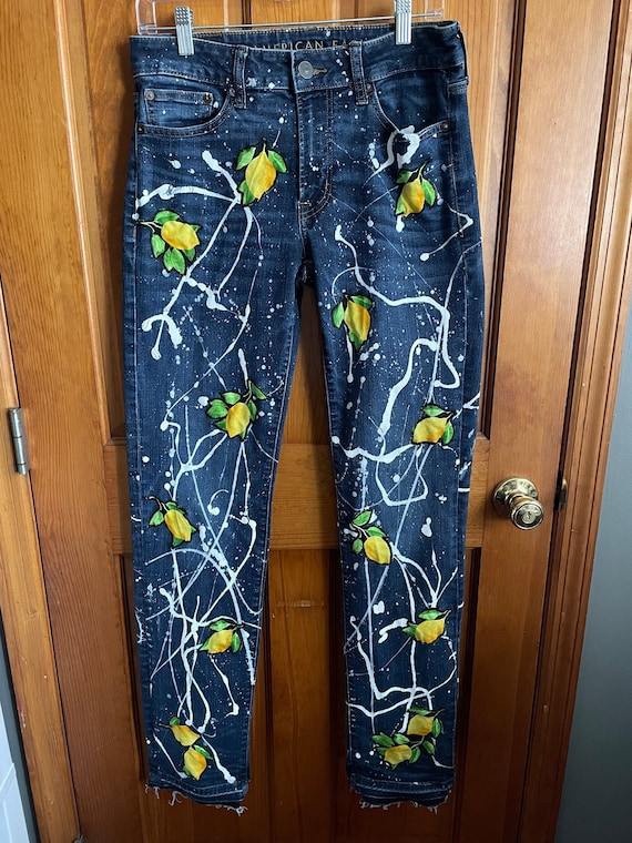 Paint Splattered Lemon Jeans / Painted Denim / Lemon Denim