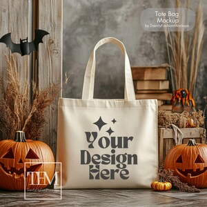 Fall Tote Bag Mockup: Cream Canvas, Halloween Theme (Digital Mockup)