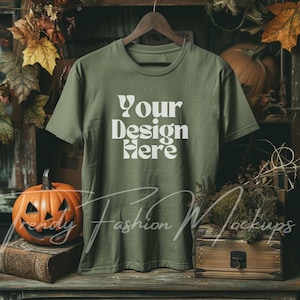 Bella Canvas 3001 Mockup, Military Green Halloween Shirt Mockup, Hanging Green T-shirt Mockup Army Green Print On Demand Shirt Indoor Mockup