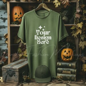 Military Green Bella Canvas 3001 Mockup, Halloween Shirt Mockup, Hanging Green T-shirt Mockup Army Green Print On Demand Shirt Indoor Mockup