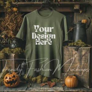 Military Green Bella Canvas 3001 Mockup, Halloween Shirt Mockup, Hanging Green T-shirt Mockup Army Green Print On Demand Shirt Indoor Mockup