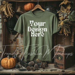 Military Green Bella Canvas 3001 Mockup, Halloween Shirt Mockup, Hanging Green T-shirt Mockup Army Green Print On Demand Shirt Indoor Mockup