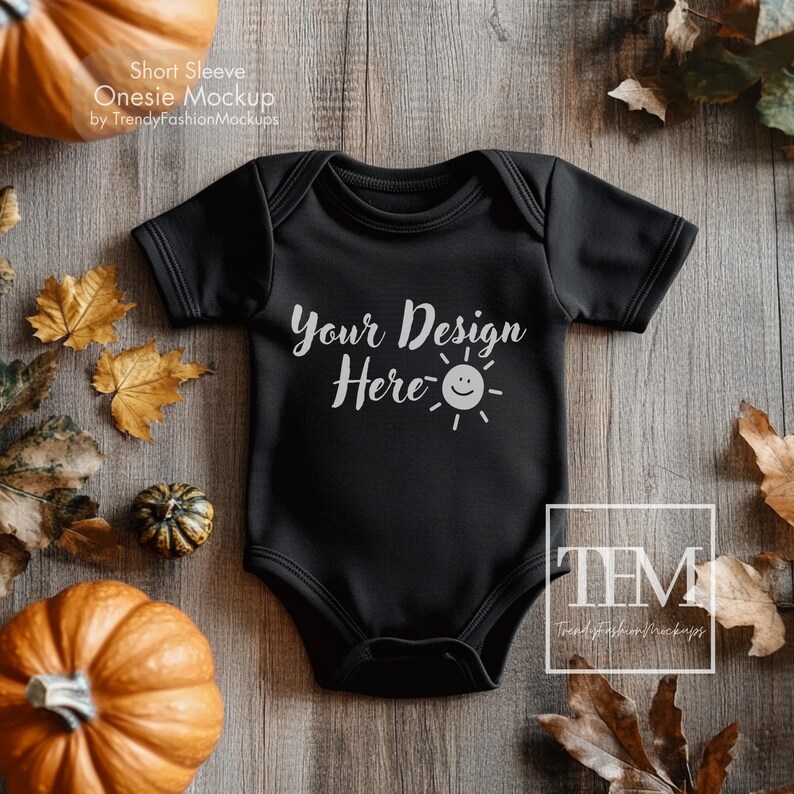Baby Onesie Mockup for Halloween & Fall Pumpkin, Black Baby Bodysuit