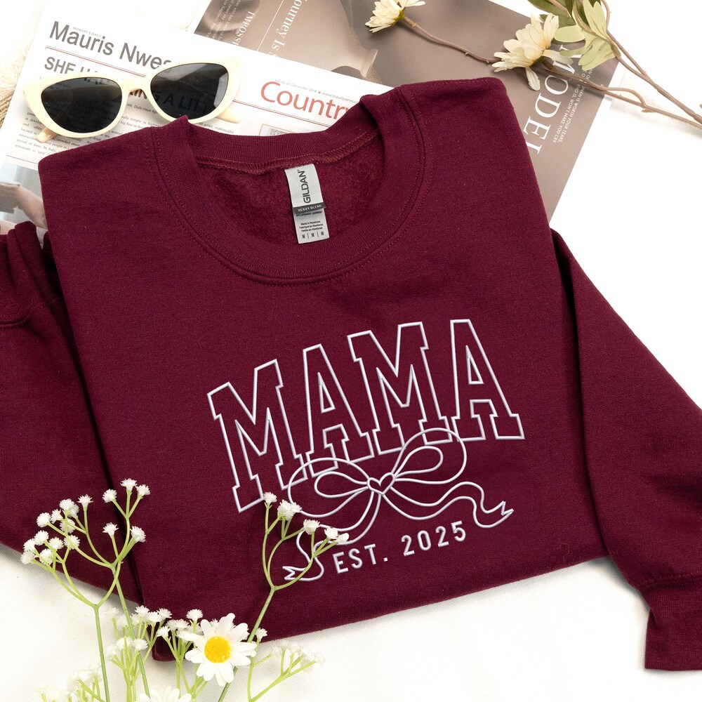 Custom Embroidered Mama Bow Sweatshirt With Kid Name, Cute And Trendy Mom Crewneck With Bow, Personalized Mom Life, Mother'S Day Gift