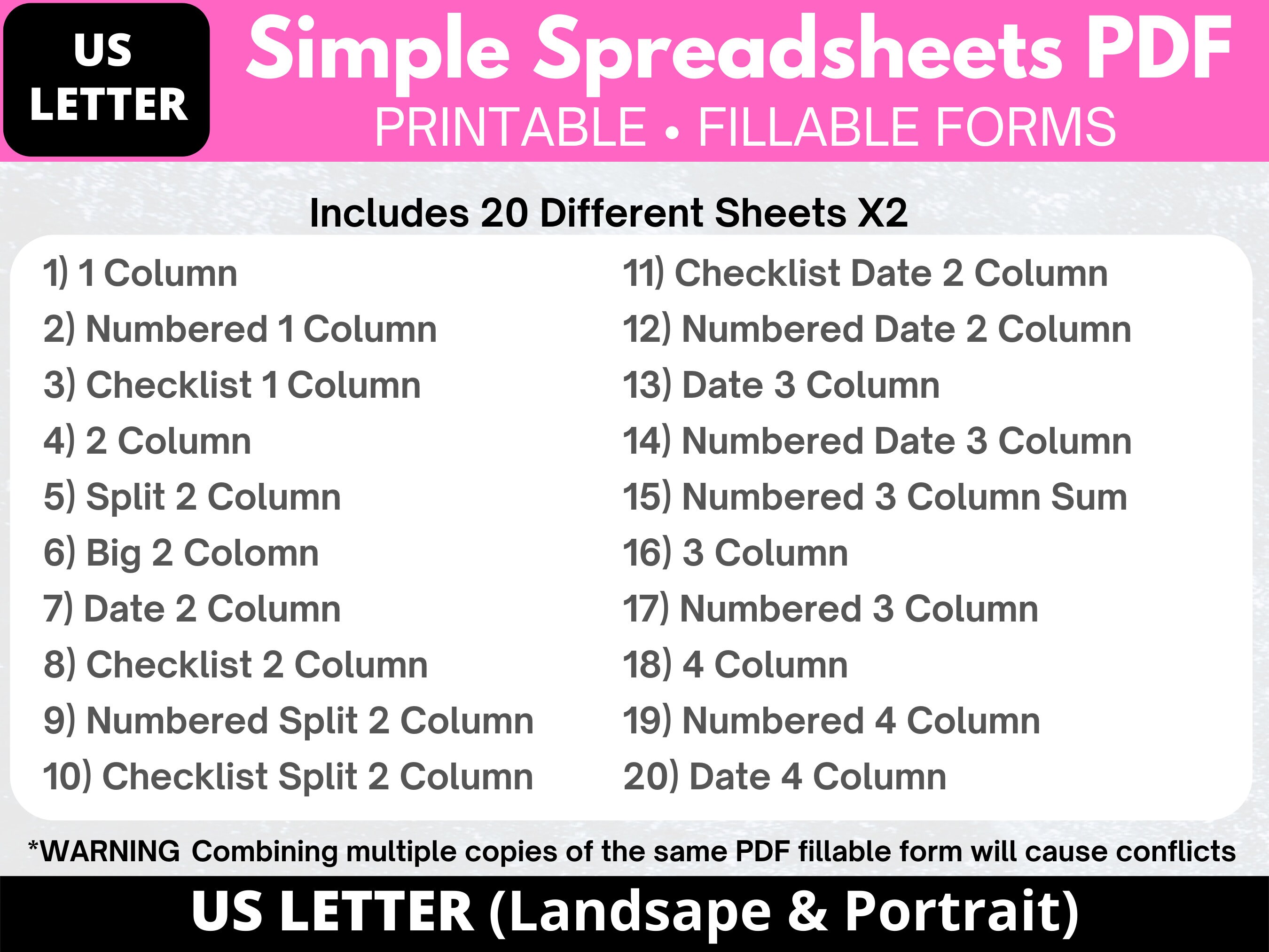 Simple Spreadsheet PDF, US Letter (portrait & Landscape), 20 Sheets X2 ...
