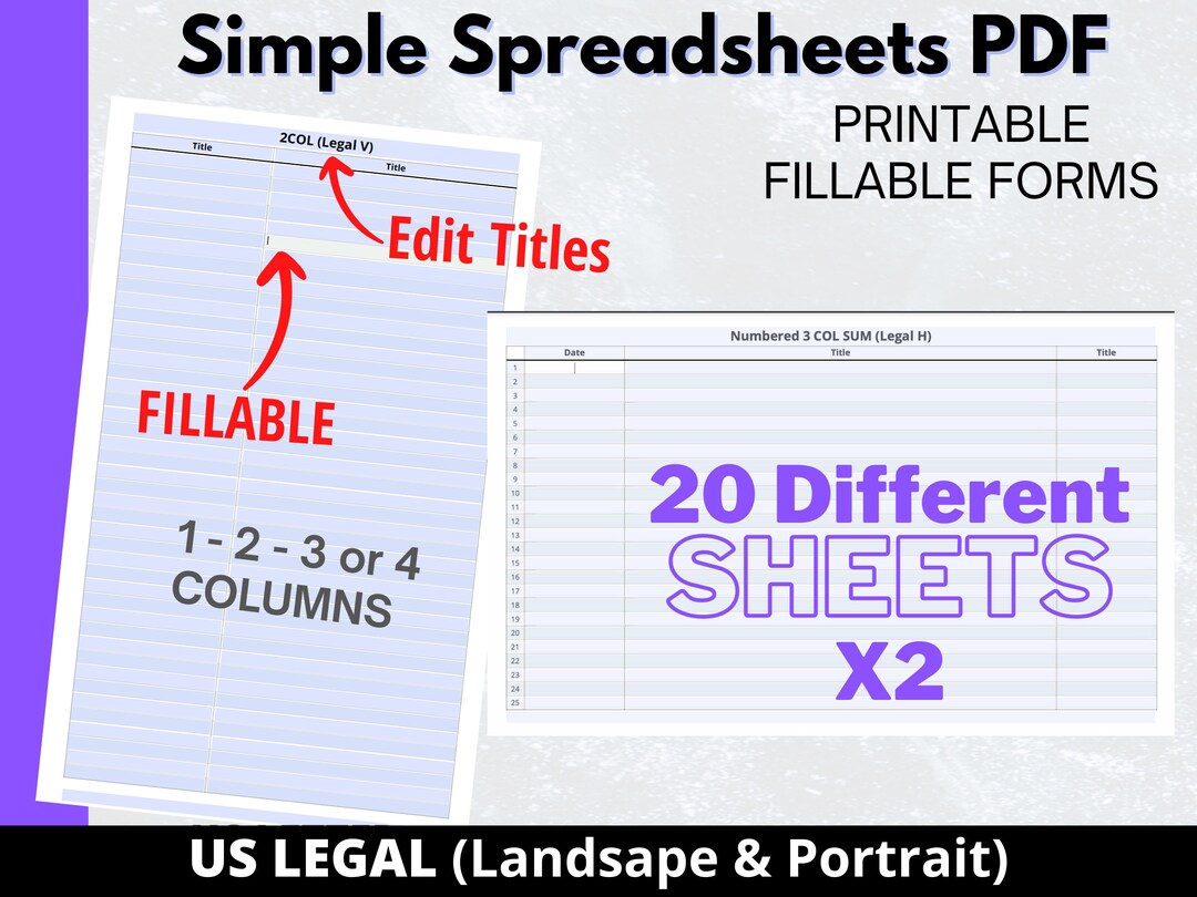 Simple Spreadsheet PDF, US Legal (portrait & Landscape), 20 Sheets X2 ...
