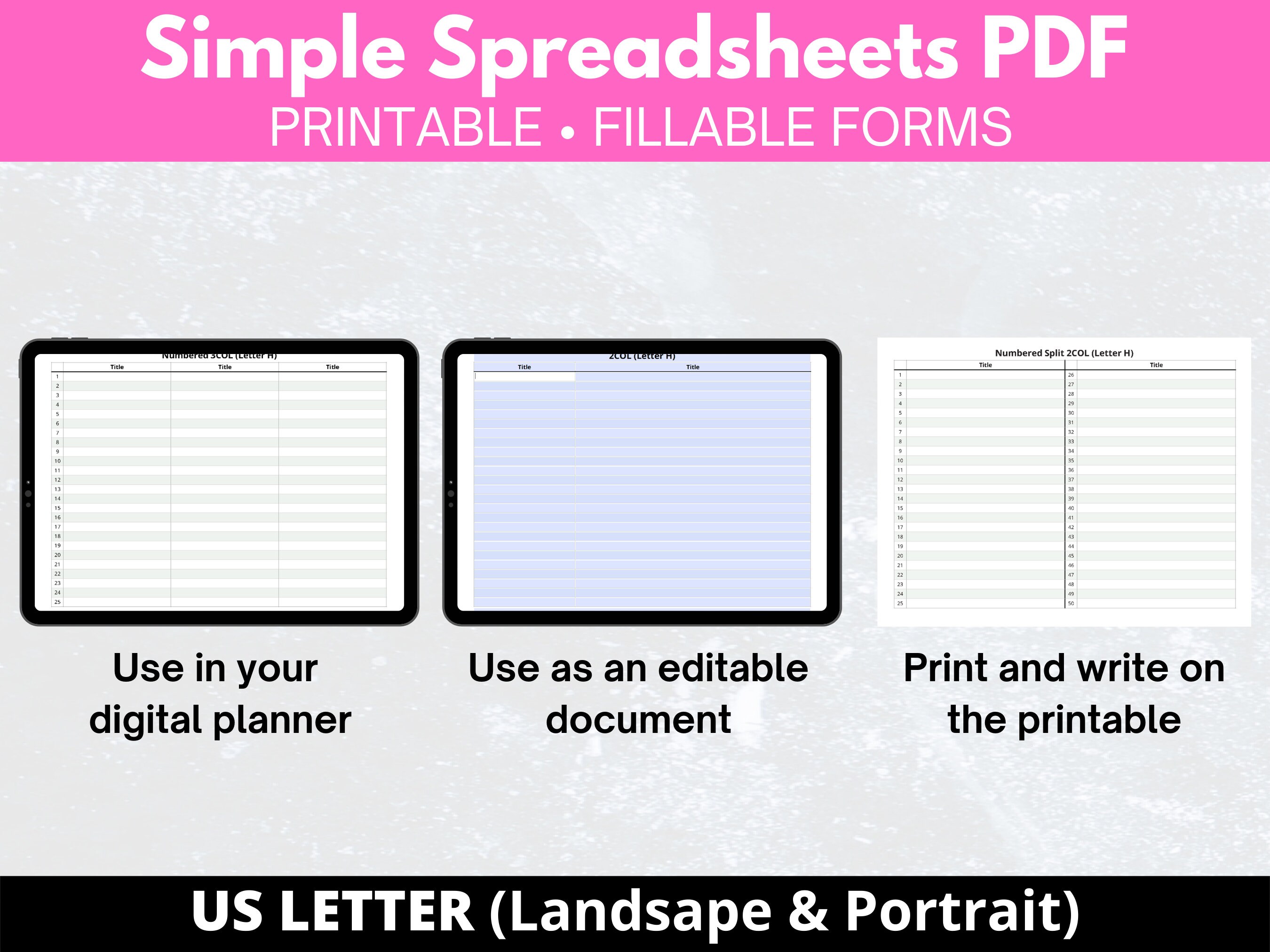 Simple Spreadsheet PDF, US Letter (portrait & Landscape), 20 Sheets X2 ...