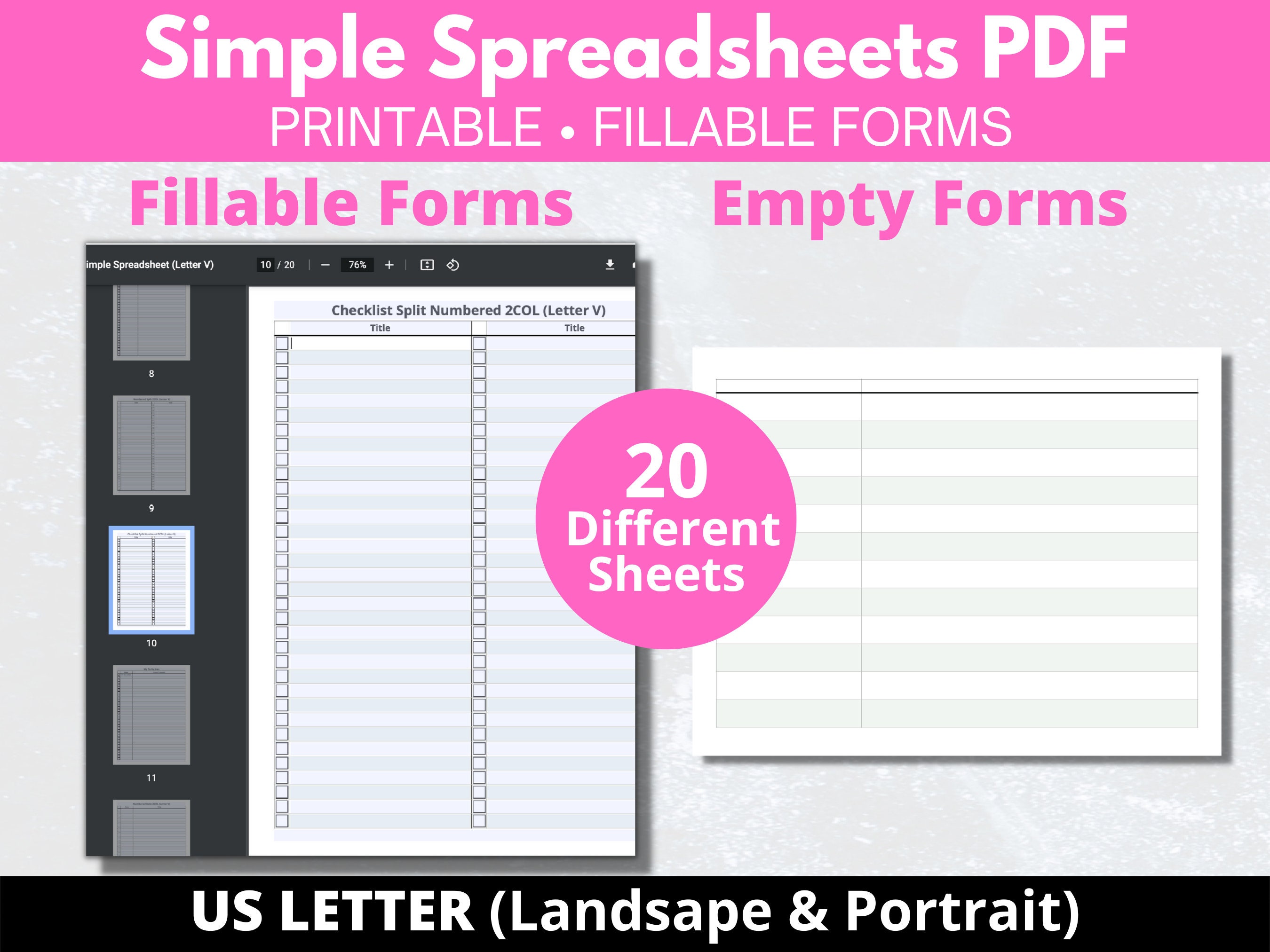 Simple Spreadsheet PDF, US Letter (portrait & Landscape), 20 Sheets X2 ...