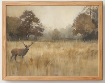 Deer Meadow Painting, Rustic Fall Landscape Art (Digital Download