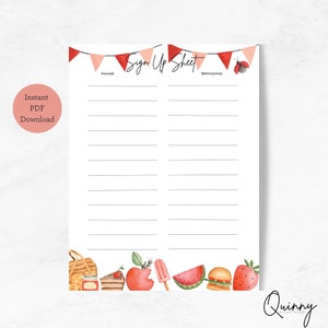 Potluck Sign Up Sheet, Food Sign up Sheet, Volunteer Sign up Sheet