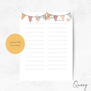 May include: Printable sign up sheet with a colorful bunting design and a butterfly. The sheet has two columns labeled "Name" and "Bringing".