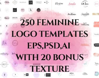 Paquete de 250 plantillas de logotipos femeninos, archivos editables en formato AI, PSD y EPS