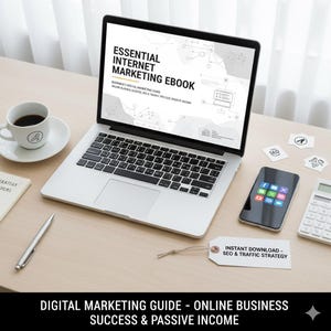 May include: A laptop displaying "Essential Internet Marketing Ebook" sits on a wooden desk, next to a coffee cup, smartphone, and calculator. The screen shows a diagram. A tag reads "Instant Download - SEO & Traffic Strategy". The text "Digital Marketing Guide - Online Business Success & Passive Income" is at the bottom.