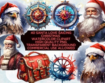 Paquete de imágenes prediseñadas navideñas de Papá Noel navegando, imágenes prediseñadas navideñas en acuarela (40 PNG)
