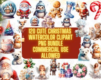 Paquete de 120 imágenes prediseñadas navideñas en acuarela (PNG)