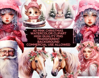 40 imágenes prediseñadas de Navidad rosa, paquete de imágenes prediseñadas, imágenes prediseñadas de Navidad, Navidad en acuarela, paquete de imágenes prediseñadas, uso comercial, imágenes prediseñadas de vacaciones, Pink Arts