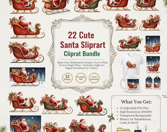 Paquete de imágenes prediseñadas del trineo de Papá Noel: diseños PNG navideños (descarga digital)