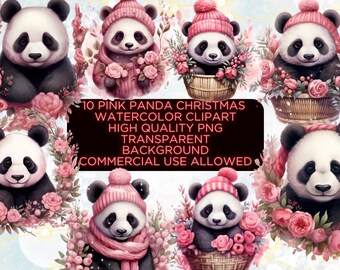 10 imágenes prediseñadas navideñas de panda rosa, paquete de imágenes prediseñadas, imágenes prediseñadas navideñas, acuarela navideña, paquete de imágenes prediseñadas, uso comercial, imágenes prediseñadas navideñas