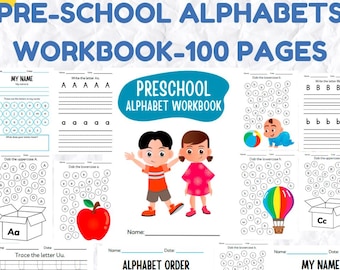 Libro de actividades del alfabeto para preescolar de 100 páginas, actividades imprimibles del abecedario (enlace editable de Canvas)