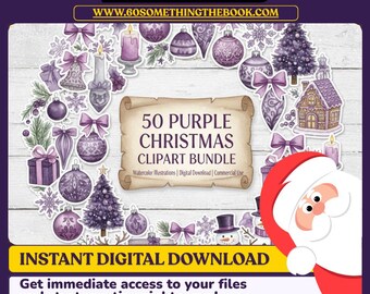 Paquete de 50 imágenes prediseñadas navideñas en acuarela color púrpura (descarga digital)
