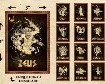 Set of 12 - Greek Mythology 5 x 7 Flashcard Art and Educational Mythology Prints