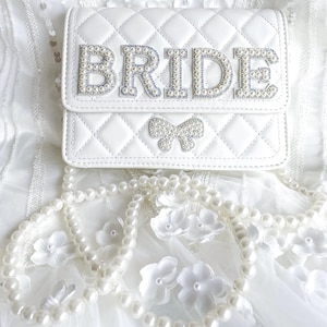 Pearl Bride Purse, Quilted Bridal Crossbody Bag, Rhinestone Bride Clutch Wallet, Bachelorette Party Purse, Bridal Shower & Rehearsal Bag