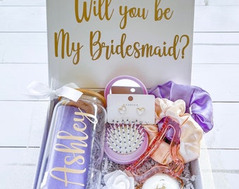 Caja de propuesta de dama de honor personalizada en morado, juego de cajas "¿Serás mi dama de honor?", caja de propuesta de dama de honor en morado, lila y lavanda.