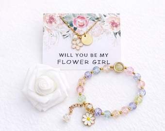 Flower Girl Gift, Personalized Flower Girl Bracelet & Necklace Set, Flower Girl Proposal, Junior Bridesmaid Gift, Wedding Jewelry for Girls