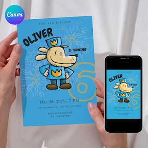 Invitación de cumpleaños de Dogman / Plantilla editable de Canva / Invitación imprimible / Edades incluidas: 1 a 10 años / Descarga digital / Cómic de Dogman