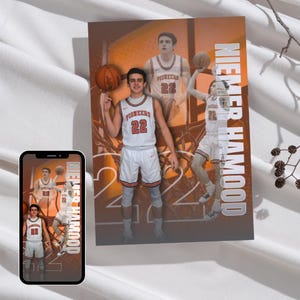 May include: A basketball-themed poster and phone display featuring a young man in a white and orange basketball uniform with the number 22. The poster has the name "NIEMER HAMOOD" vertically on the right side. The phone displays the same image.