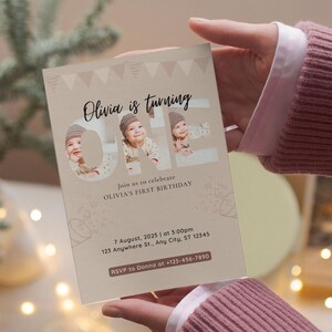 Plantilla editable de invitación para primer cumpleaños con foto de bebé, invitación para fiesta de primer cumpleaños, descarga instantánea de Canva, fotos de letras personalizables