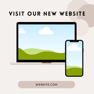 Op de afbeelding: Illustratie van een laptop en smartphone met een landschap van groene heuvels, blauwe lucht en witte wolken. De tekst "VISIT OUR NEW WEBSITE" staat erboven en "WEBSITE.COM" eronder.