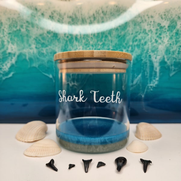 White Sand Shark Tooth Jar -beach-collection-display- custom-ocean-finds-sand-room decor-gift idea-customizable label- resin-waves-sand