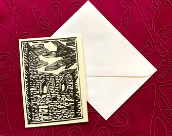 Original Linocut English Castle Print Handmade Card