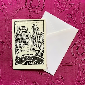Biglietto fatto a mano con stampa originale Linocut Chicago