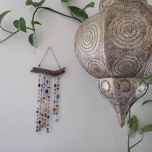 Colorful Boho Suncatcher and Wind Chime | Handmade with Glass and Wood Beads, Upcycled Jewelry and Driftwood