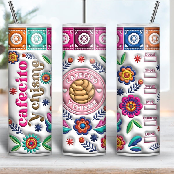 3D Cafecito y Chisme Inflated Tumbler Wrap, 3D Pan Dulce Tumbler, Mexican Gifts, Puffy Coffee Tumbler, Conchas Mexicanas, 20 Oz Tumbler Wrap