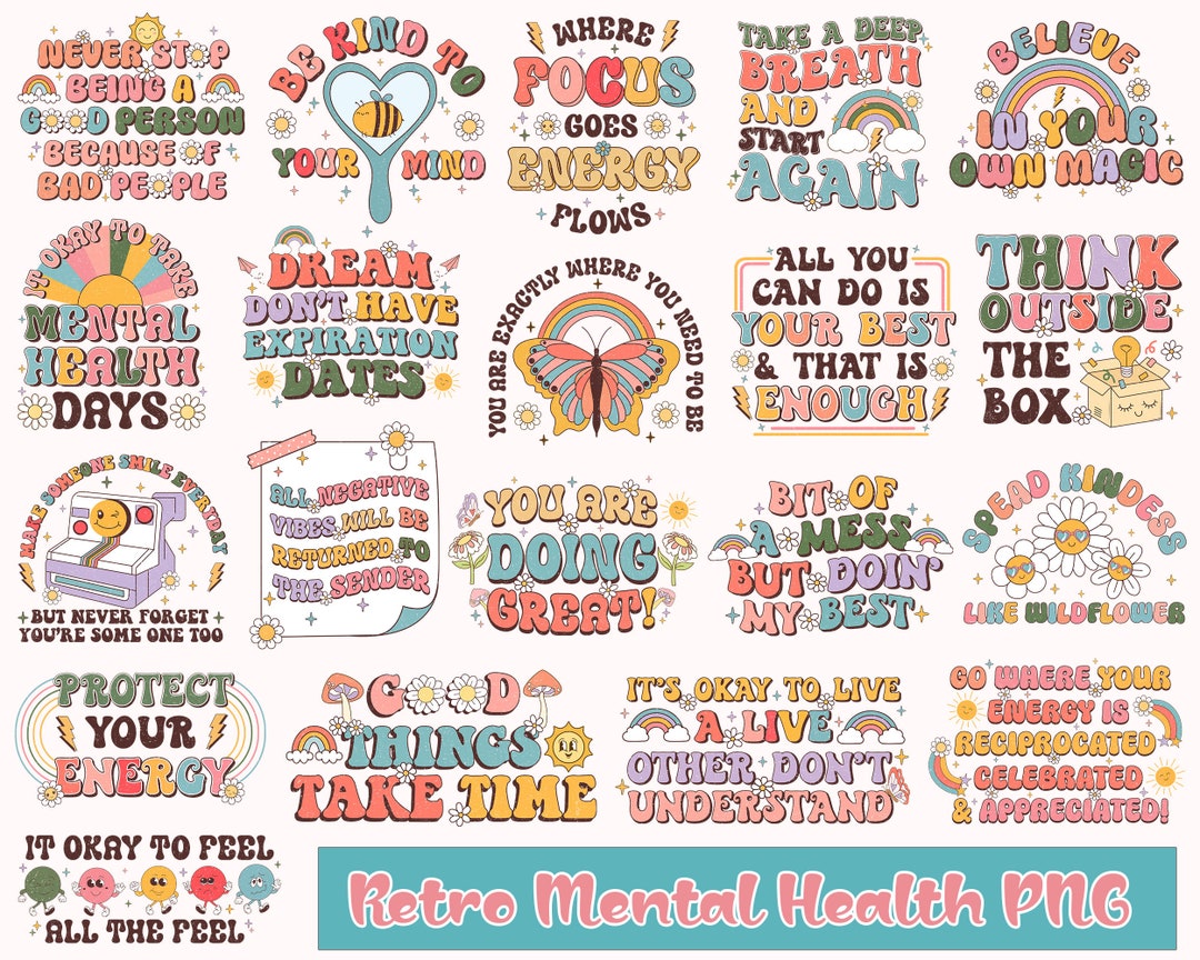 Retro Mental Health PNG Bundle, Positive Png, Encouraging Quotes Png ...