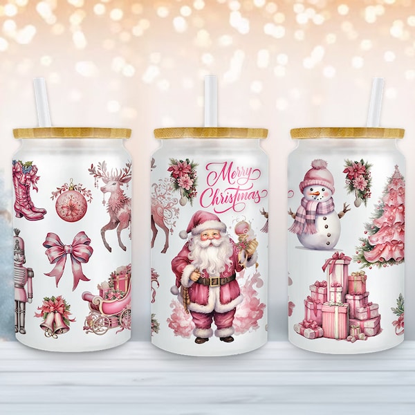 Pink Christmas Tumbler Wrap, Pink Santa 16oz Libbey Can, Christmas 16oz Libbey Glass Can Wrap, Christmas Coffee Wrap, Merry Christmas Png