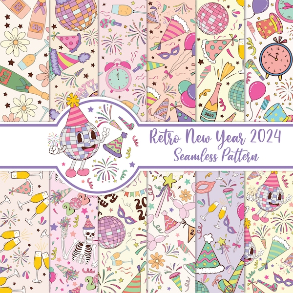 Retro New Year 2024 Seamless Patterns, Happy New Year Digital Paper, New Year's Party, New Year 2024 Png, Cheer to New Year,Disco Ball,Party